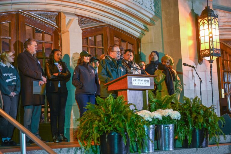 Tom Izzo spoke at the vigil at Michigan State on Wednesday