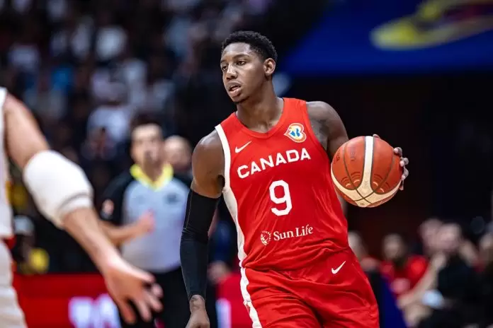 RJ Barrett reacts to Canada flying over Slovenia to reach the Semi-Finals