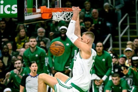Kristaps Porzingis applauds Celtics fans following road triumph against Rockets